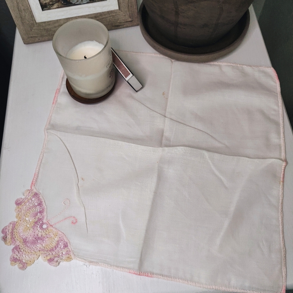 Vintage White Handkerchief with Crochet Butterfly